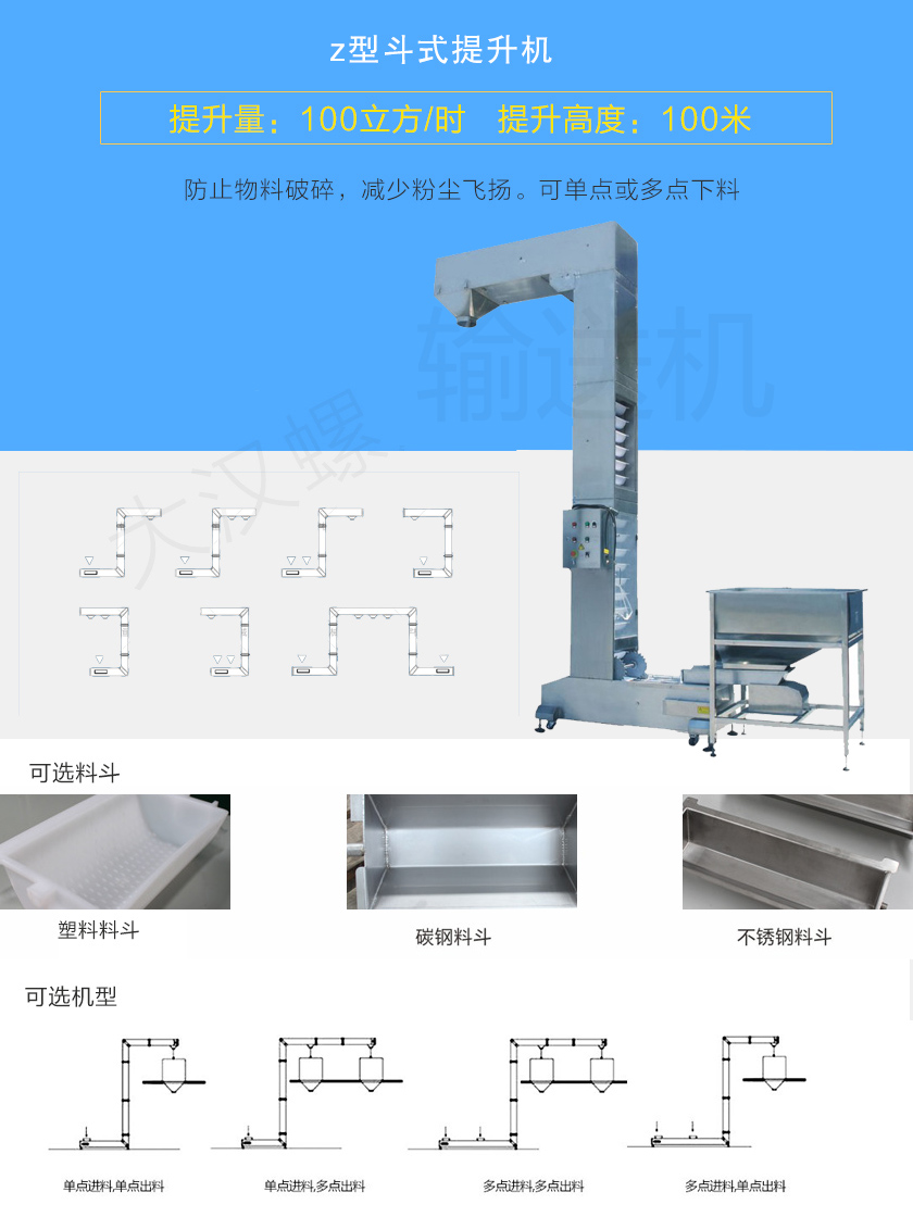 z型斗式提升機(jī)對(duì)物料本身破損小，降低廢品率。整機(jī)殼體密封，降低粉塵飛揚(yáng)，可z型、c型或混合型使用，單點(diǎn)或多點(diǎn)自動(dòng)下料